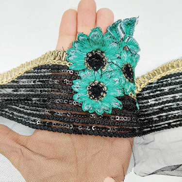 Black Net Scallop Cutwork Lace Trim with Blue Floral Embroidery With Sequins, Sari Border, Embroidered Trim